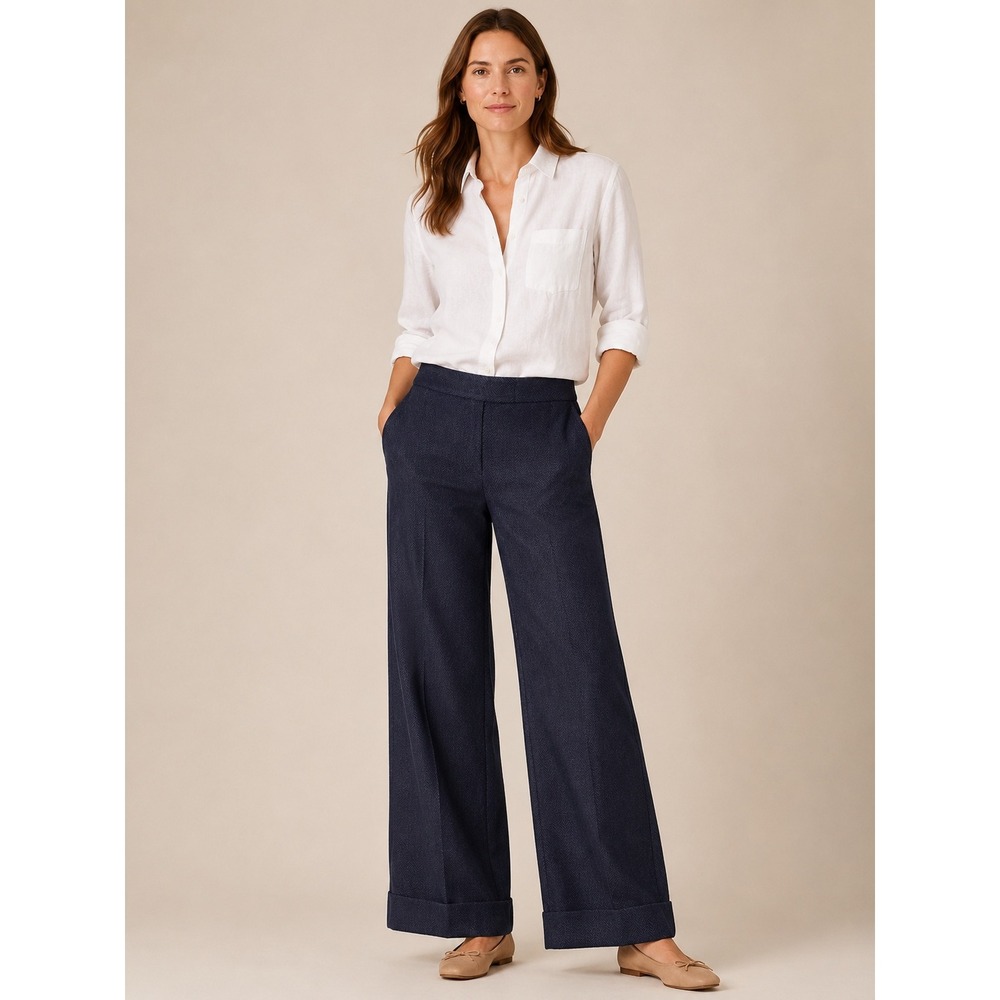 J.Crew Womens Wool Herringbone Wide Leg Trousers Size 4 Navy Blue City Fit Pants